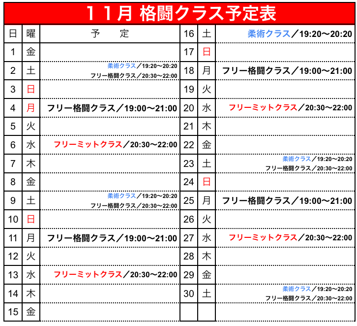 １１月 格闘クラス